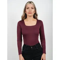 MOLGOA - Body para Mujer Escote Cuadrado Manga Larga - Moscú Vino