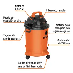 TRUPER - Aspiradora Sopladora 2.200 W De 15 L Para Sólidos Y Líquidos