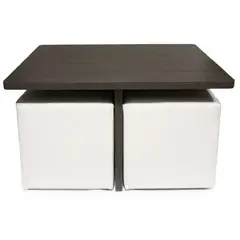 BANZAY - Mesa centro cuadrada 4 puff auxiliares - wengue y blanco