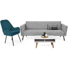 VENECIA - Sofá Cama Artemisa con Poltrona Noruega en Tela y Mesa de Centro Barza.