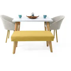 VENECIA - Comedor 4P Lugo Matiz con Sillas Tokyo y Butaco en Tela Taupé-Mostaza