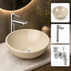 GENERICO - Kit lavamanos beige tazon -desagüe- griferia agua fria