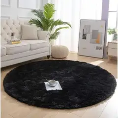 FEEL GREEN - Tapete alfombra peluda redonda Negra- tapete de peluche - 100 × 100 cm
