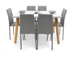 VENECIA - Juego de Comedor 6 Puestos Lyon Blanco Sillas Plata