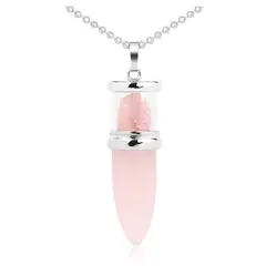 DAYOSHOP - Collar Cuarzo Rosa Pendulo Bala Cadena Acero Estuche
