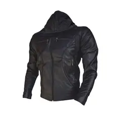 SYK - Chaqueta para hombre con capota hecha en cuero sintético color negro.