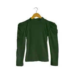 SYK - Blusa manga larga para mujer unicolor hombros altos Verde
