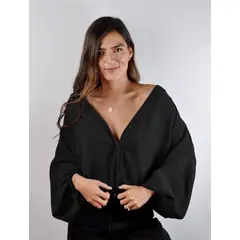 MOLGOA - Blusa para Mujer Escote V Manga Larga Bombacha - Ocaso Negro