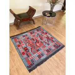 GENERICO - Tapete Kilim Diseño Antep 120x100 cm - Kayi Turquesa con naranja