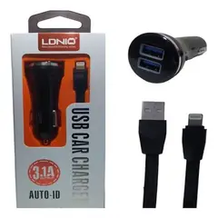LDNIO - Cargador 3.1a Cable Usb- Lightning + Charger Car 2 Usb