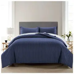 HAPPY BEAR - Funda Duvet King Microfibra Azul Oscuro Lineas