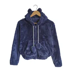 SYK - Saco Buzo Para Mujer Abrigador Invierno Peludo Con Cramallera Azul
