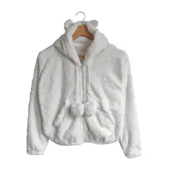 SYK - Saco Buzo Para Mujer Abrigador Invierno Peludo Con Cramallera Blanco