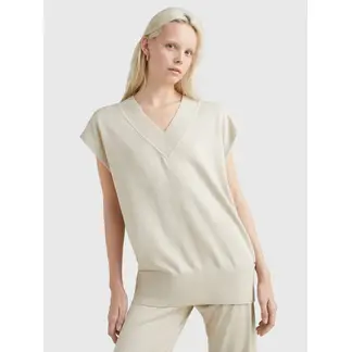 TOMMY HILFIGER - Saco Beige Amplio sin mangas Con Cuello V Para Mujer