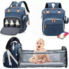 BABY ON - Morral pañalera tipo cuna con cambiador 3 en 1 usb Azul