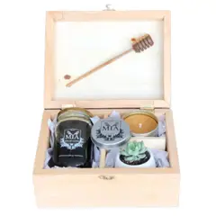 MIA - CAJA REGALO MÍA (miel 470gr, vela 50gr, 1 suculenta, 1 mielero y caja de madera)