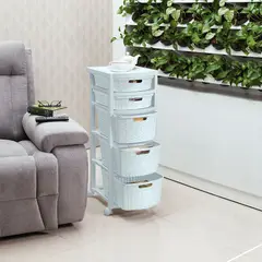 RIMAX - Cajonero Rattan 2 Gavetas Bajas + 3 Gavetas Altas - Blanco Nieve.