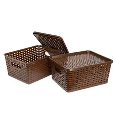 ENERGY PLUS - Set X2 Cajas organizadoras con tapa canasta mimbre plástico Café