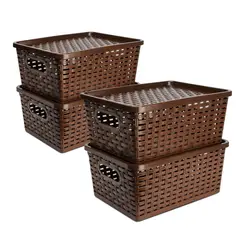 ENERGY PLUS - Set X4 Cajas organizadoras con tapa canasta mimbre plástico Café