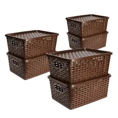 ENERGY PLUS - Set X6 Cajas organizadoras con tapa canasta mimbre plástico Café