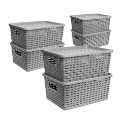 ENERGY PLUS - Set X6 Cajas organizadoras con tapa canasta mimbre plástico Gris