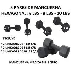 GENERICO - 3 PARES MANCUERNAS PAR 6 LB C/U PAR 8 LB C/U PAR 10 LB C/U