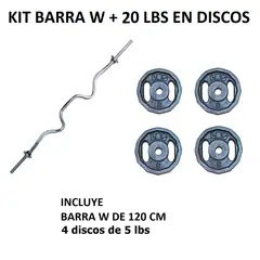 GENERICO - KIT BARRA: BARRA W IMPORTADA - 20 LBS EN DISCOS - 2