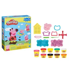 PLAY DOH - Crea y Diseña Peppa Pig de Incluye sello Peppa Pig, 4 cortadores, sello de 4 lados, molde de casa, 2 paletas de moldes, rodillo, cuchillo y 9 latas de masa para moldear. (A partir de 3 años)