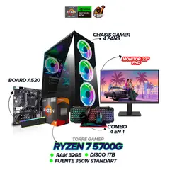 AMD - PC Gamer Ryzen 7 5700G / RAM 32GB / SSD 1TB / Board A520 / Monitor 22" FHD
