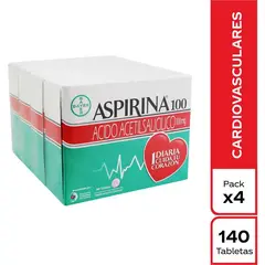 BAYER - Aspirina 100 Mg 4 Cajas x 140 Tabletas