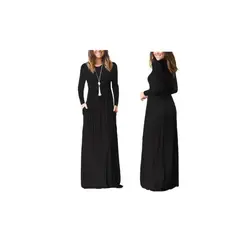VIA7 - Vestido largo manga larga de bolsillos licra cuello redondo_.