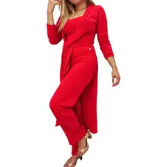 VIA7 - Conjunto de blusa tiras pantalon bota recta y cardigan largo rojo_.