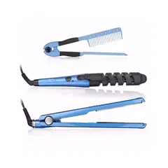 GENERICO - Combo Plancha Cabello Digital rizador Peine Azul