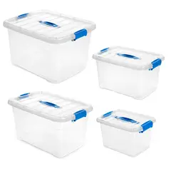 ENERGY PLUS - Kit 4 cajas organizadoras plásticas transparentes con tapa Azul