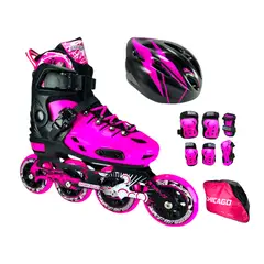 CHICAGO - Combo Patines En Linea Semiprofesionales Magic Con Proteccion L 38 Ajustables a 41 Fucsia