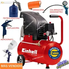 EINHELL - Compresor aire aleman enhell 24 lts 2 hp 116psi + 4 pistola + manguera
