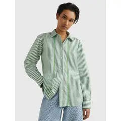 TOMMY HILFIGER - Camisa A Rayas De Corte Regular Mujer Verde