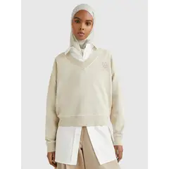 TOMMY HILFIGER - Saco Beige Con Cuello en V Y Monograma Tonal Para Mujer