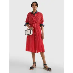 TOMMY HILFIGER - Vestido Camisero Midi De Rayas Mujer Rojo