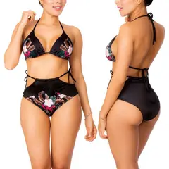 PRAIE - Vestido de Baño Bikini Retro 2505 Negro Amarre Flores