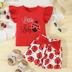 LUSOLSI - Adorable traje de mariquita de verano, conjunto de 2 uds para niñas, camiseta sin mangas + pantalones