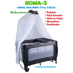 BEBESITOS - Cuna Corral Mecedora Con Toldillo Y Cambiador Roma Gris