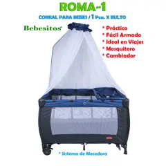 BEBESITOS - Cuna Corral Mecedora Con Toldillo Y Cambiador Roma Azul