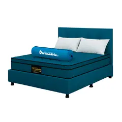 DORMILANDIA - Mega Combo Colchón Dublín Semidoble Azul Resortado Enrollado Más Base Cama, Cabecero y 2 Almohadas