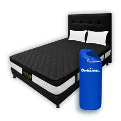 DORMILANDIA - Colchón Negro Queen Resortado Dublin Enrollado+Base Cama+Cabecero+Almohadas