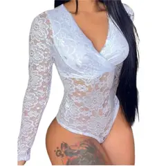 RAINBOW MODA - Body Negro Mangas Encaje Transparente Sexy Lenceria