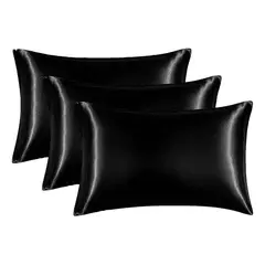 CASATUA - Funda Almohada Satin Tipo Seda Set 3 Unidades 50x76cm - Negro - 76x50