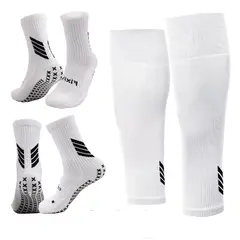 FITNICS - Medias Futbol Niños Antideslizante Set 2 + 1 Pantorrillera - Blanco