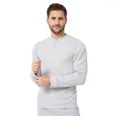 SANTANA - Camiseta Hombre Cuello Botones Manga Larga Henley Gris Claro