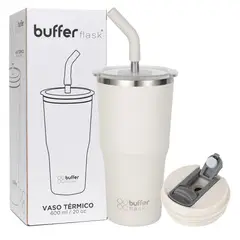 BUFFER FLASK - Mug Vaso Termo AguaCafe 570 Acero Inox+Tapas - Blanco-